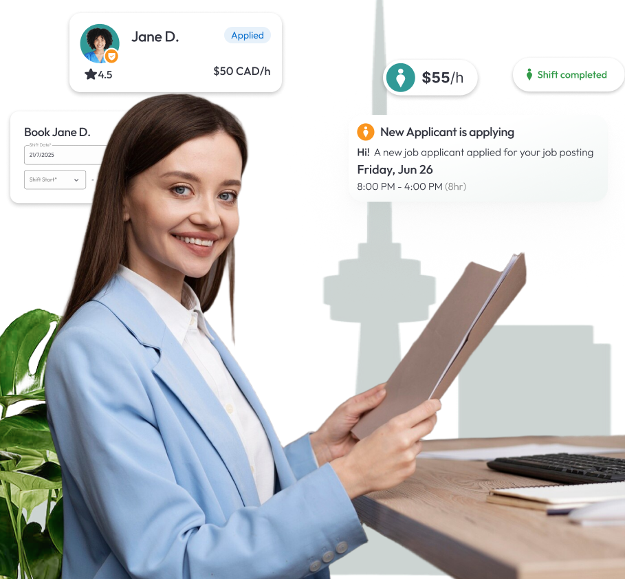 Dental office manager in Toronto reviewing patient files