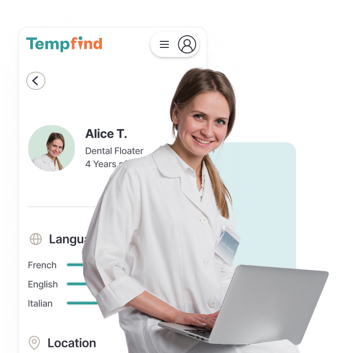Tempfind app profile — smiling female dental professional (Alice T.) with experience and languages, using a laptop