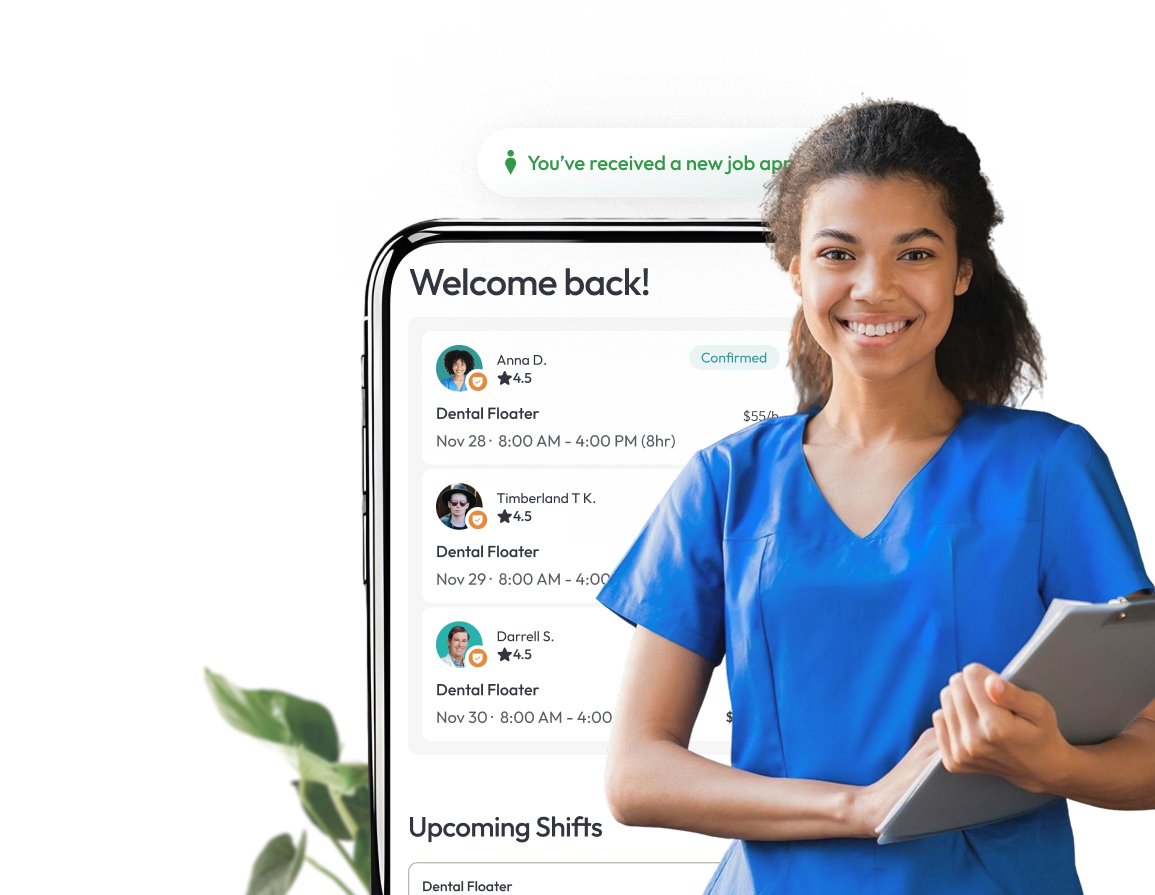 Smiling dental floater using a temp agency platform