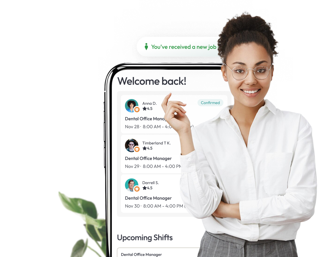 Dental office manager reviewing a dental staffing platform