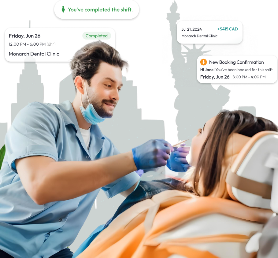 Temporary dental hygienist checking job details in a New York City clinic