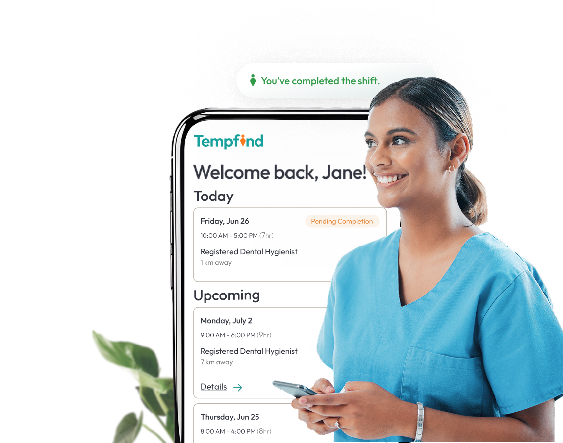 Dental hygienist reviewing RDH temp jobs on the phone