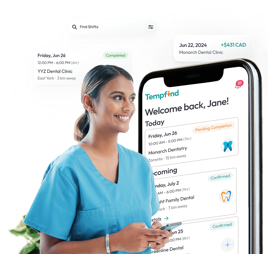 Smiling dental professional beside the Tempfind mobile app showing upcoming shifts and earnings.