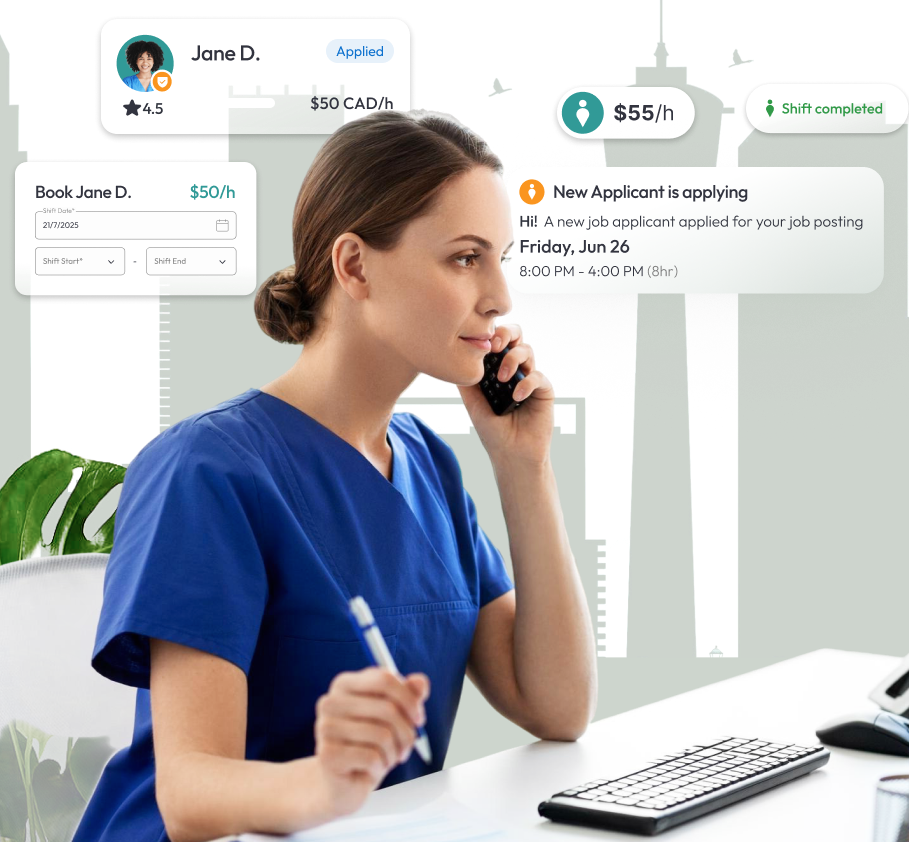 Dental receptionist speaking on the phone in a Calgary clinic