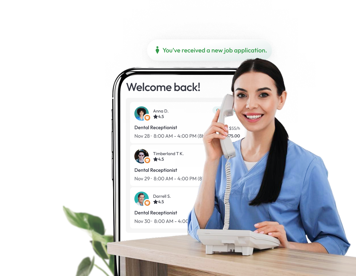 Dental receptionist smiling while answering phone in dental clinic