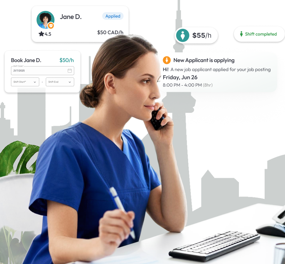Dental receptionist answering the phone in Toronto clinic