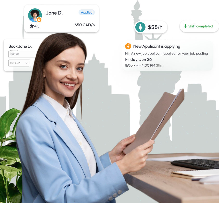 Dental office manager reviewing patient files in a New York clinic