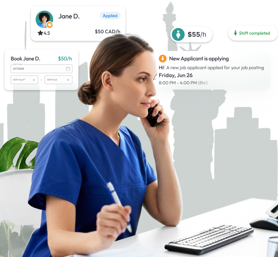 Dental receptionist at a New York clinic answering the phone