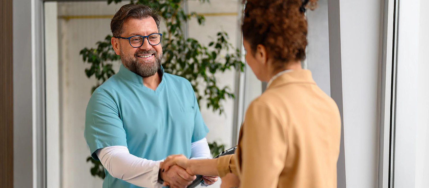 Dental professional arriving for recurring shift at clinic.